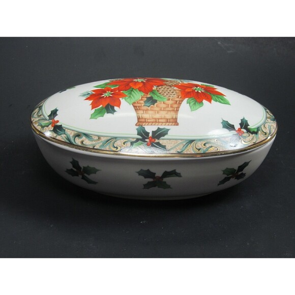 Mikasa Christmas Poinsettia Basket Covered Oval  Trinket Box - Picture 1 of 5